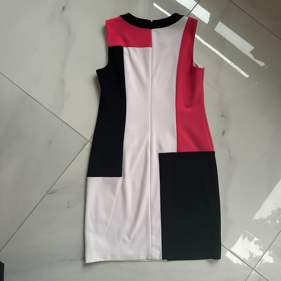 CALVIN KLEIN | Midi Dress | Size 4 | White Pink Black | Polyester Spandex Blend - Picture 8 of 14